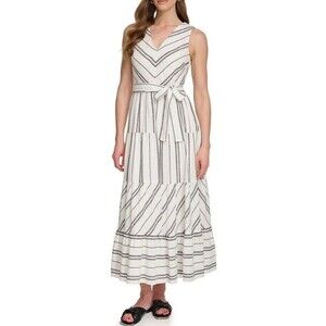 DKNY by Donna Karan Linen Stripe Print V-Neck Sleeveless Tie Waist Maxi Dress 10
